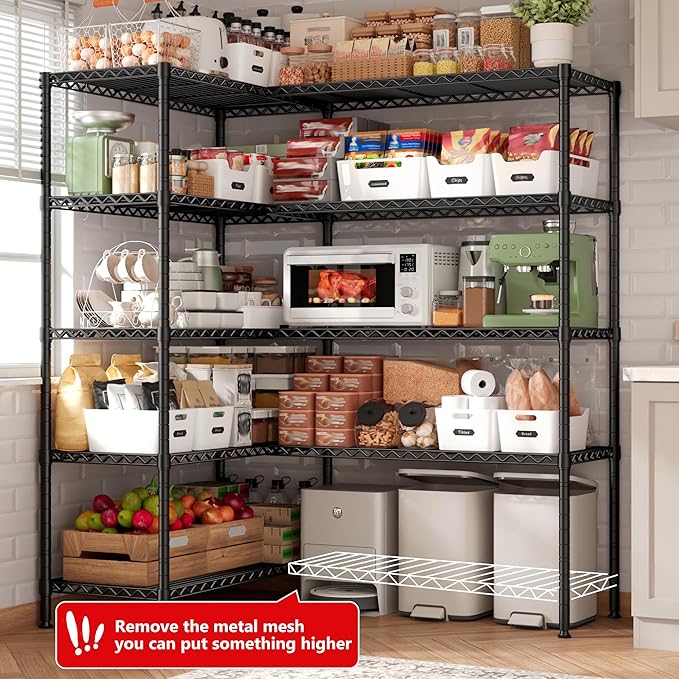 5 Tier Metal Shelving Unit Storage Shelves Load 1500LBS,Adjustable Wire Shelving Pantry Shelves for Storage,Kitchen Shelves Storage Rack for Commercial Garage Shelving Heavy Duty,61.7"W*72.4"H*15.8"D