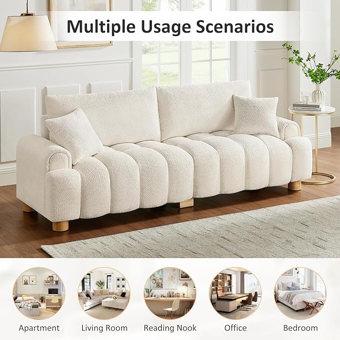 VANOMi Boucle Sofa Couch, 91" Comfy Tufted Upholstered Cloud Couches, Modern 3 Seater Sofa with Pillows, Oversized Deep Seat Sherpa Couch for Living Room, Bedroom, Apartment (White)