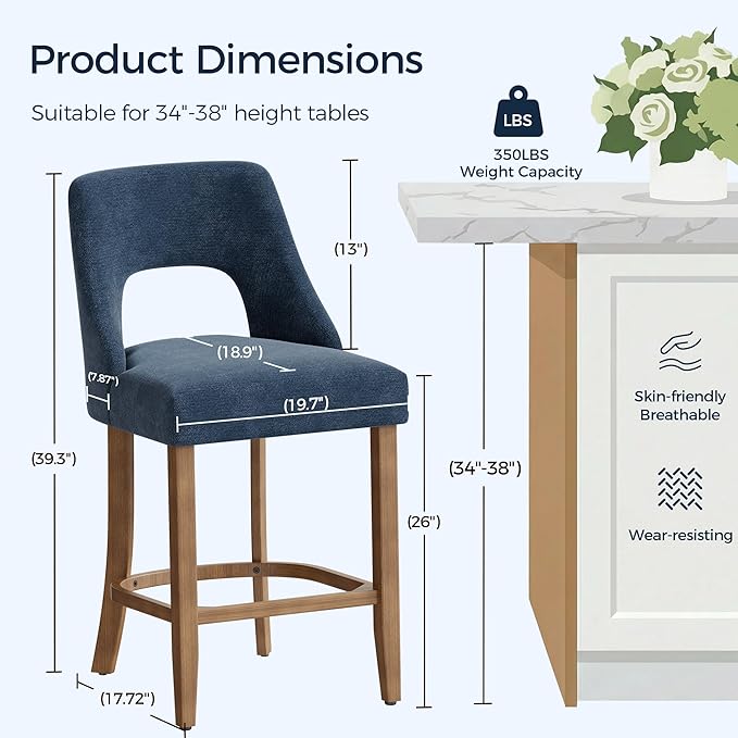 UVV Bar Stools Set of 4, Upholstered Counter Height Bar Stools, Modern Counter Stools with Wood Legs for Kitchen Island Dining Room Bar, Navy Blue