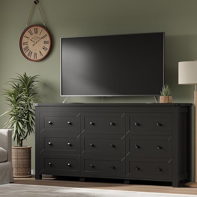 BORNOON 9-Drawer Dresser, Modern Wooden Storage Chest of Drawers, Dresser TV Stand, Wood Drawer Organizer with Metal Handles for Bedroom, Living Room, Hallway