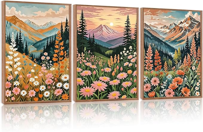 HPINUB Mountain Sunset Floral Framed Canvas Wall Art Set,(Set of 3,12X16 Inch) Colorful Wildflower Daisy Flower Wall Decor,Blossom Botanical Artwork Modern Nature Landscape Art Print for Living Room