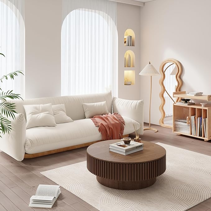 39.37'' Round Coffee Table with Storage, Modern Fluted Circle Coffee Table Unique Drum Low Center Tea Table with Solid Wood Veneered for Living Room Small Space, Mesas De Centro para Sala, Walnut