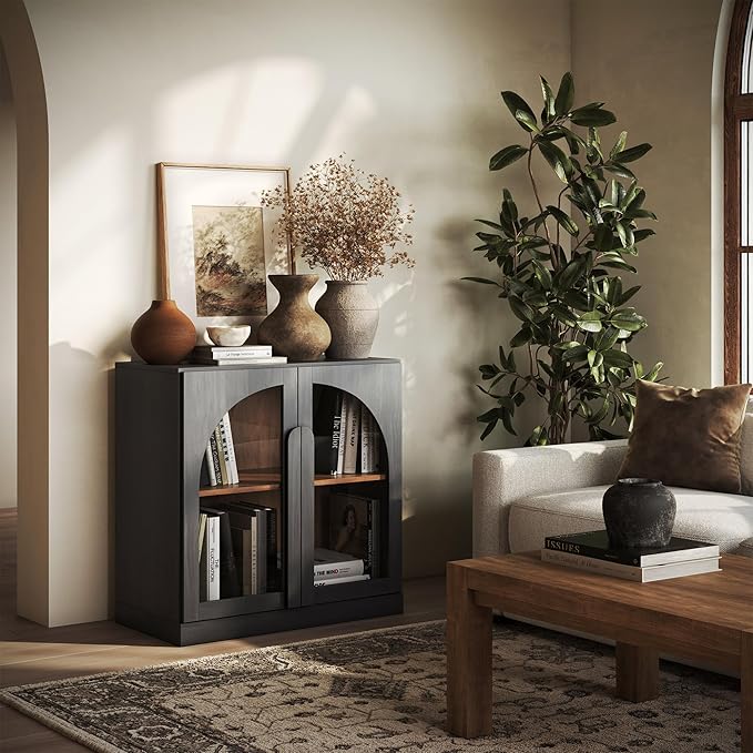 BELLEZE Bijou 31.5" Modular Sideboard Cabinet & TV Stand Console - Expandable Design w/Arched Glass Doors - Use Solo or Combine for Buffet, Living Room Media Center & Entryway - 70lbs Capacity, Ebony