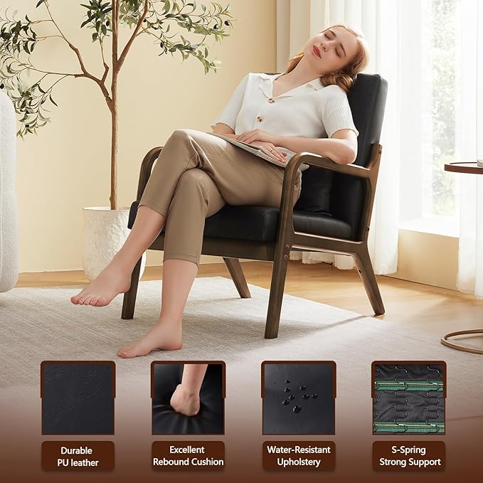 Achicsofar Accent Chair Mid Century Modern Armchair with Lumbar Support Pillow Wood Legs PU Leather Upholstered Lounge Chairs Comfy High Back Cushion for Living Room Bedroom