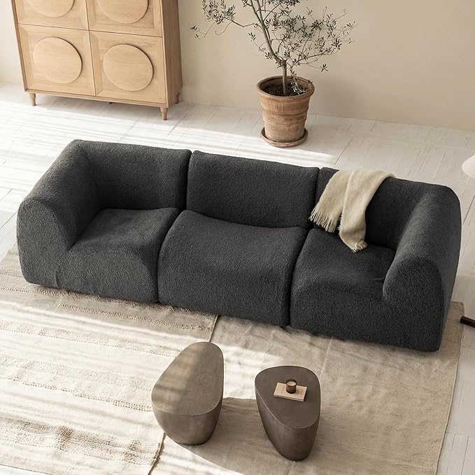Curved Modular Single Sofa Chair, 33" Foam Boneless Sherpa Couch, Comfy Teddy sofas for Small Spaces, Modern Sectional Couches for Living Room, Bedroom, Apartment, Dorm, Office– No Assembly, Grey