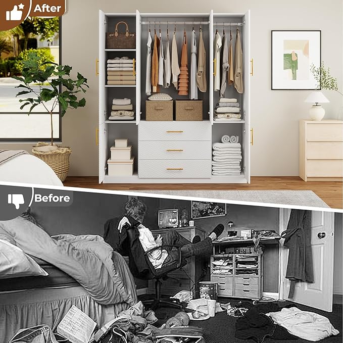 White Wardrobe Closet with Doors, 3 Drawers, Hanging Rods, Metal Handles, Large Capacity, Modern Minimalist Design, Textured Finish，Ideal for Bedroom 63.0" W x 20.47" D x 74.21" H (26)