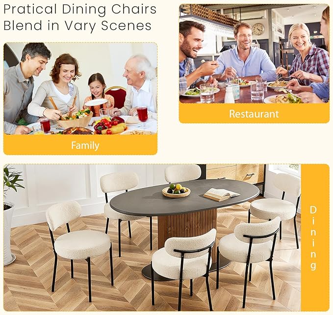 DUMOS Dining Chairs Set of 6, Mid Century Modern Chair Round Upholstered Curved Backrest, Kitchen Vanity Living Room Chairs with Black Metal Legs，Classic Beige