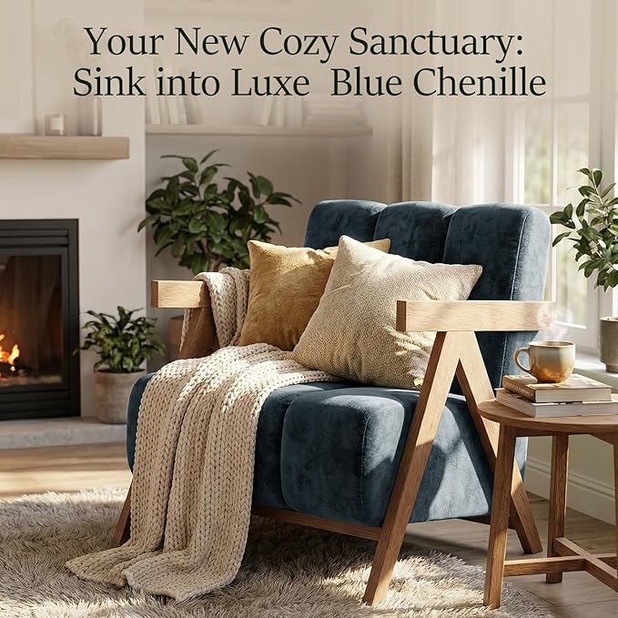Modern Accent Chair for Living Room Bedroom,Comfy Chenille Reading Chair with Wood Frame,Oversized Upholstered Lounge Armchair with Thick High-Elastic Sponge for Apartment & Waiting Room (Blue,1)