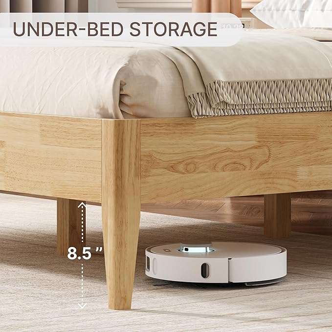 KISLOT Wood Bed Frame with USB & Type-C Charging, Boucle Platform Bed with Upholstered Headboard Mattress Foundation No Box Spring Needed Easy Assembly