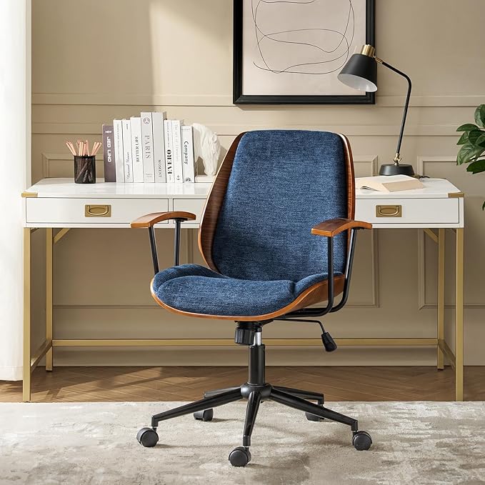 Modern Office Chair with Bentwood Polyester Upholstery Ergonomic Swivel Desk Chair with Adjustable Height for Home Office or Study Navy