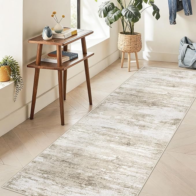 Washable 2x8 Runner Rug for Hallway: Kitchen Runner Non Slip Neutral Soft Abstract Modern Low Pile Stain Resistant Carpet Runner for Entryway Bedroom Bathroom Laundry Indoor Floor (Beige, 2'x8')