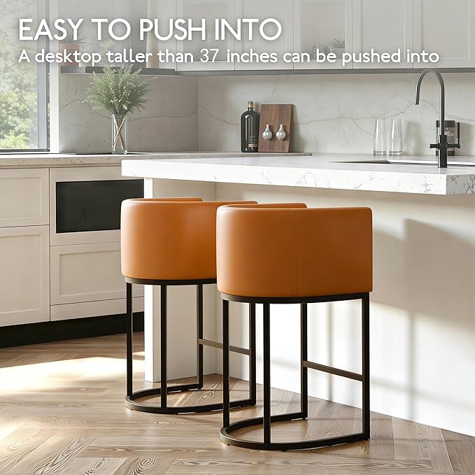 Modern Counter Height Bar Stools,Bar Stools Set of 4,PU Leather Upholstered Barrel Barstools with Backs,26'' Kitchen Island Chairs,Metal Black Frames,Camel Brown Leather