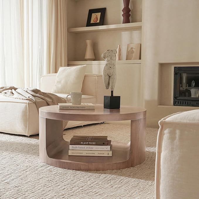 Round Coffee Table with Storage, 31" Modern Living Room Table, 2 Tier Circle Wood Center Tables for Apartment, Living Room, Open-Style Storage Tea Tables, 31"*14.1" (Dusty Pink)