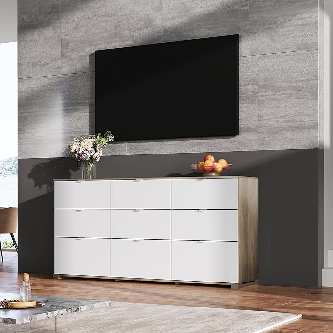 WLIVE 9 Drawer Dresser for Bedroom, 63" Wide Large Wood Chest of Drawers Organize with Sturdy Metal Handle, Modern Dresser for TV Stand, Living Room Office, Hallway, Ball Bearing Slide, Grey Oak