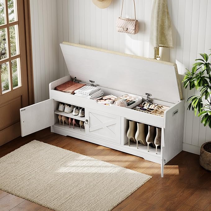 Farmhouse Shoe Storage Bench with Cushion Seat, 3-Tier Entryway Bench with Lift Top Storage and Adjustable Shelf, Bench for Hallway, Bedroom, White