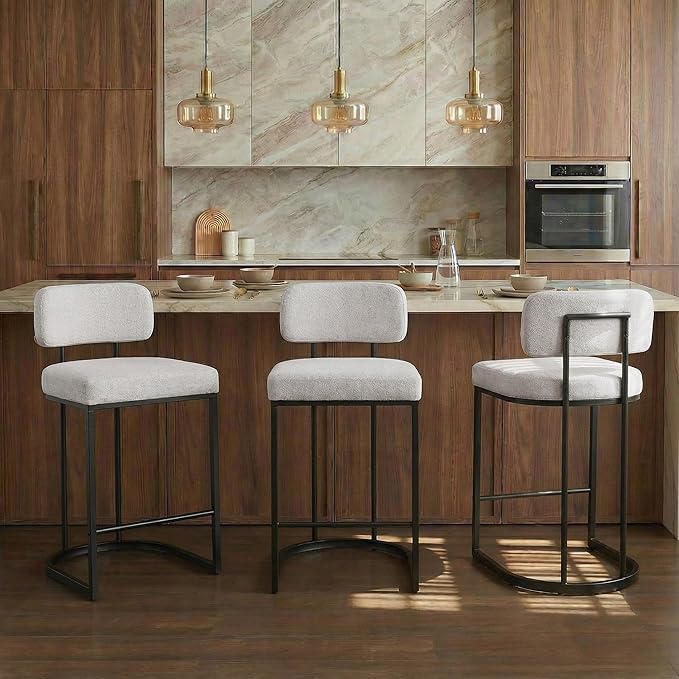 26" H Counter Height Bar Stools Set of 2, Modern Linen Fabric Upholstered Barstools with Backrest for Kitchen Island, Black Metal Frames, Wheat