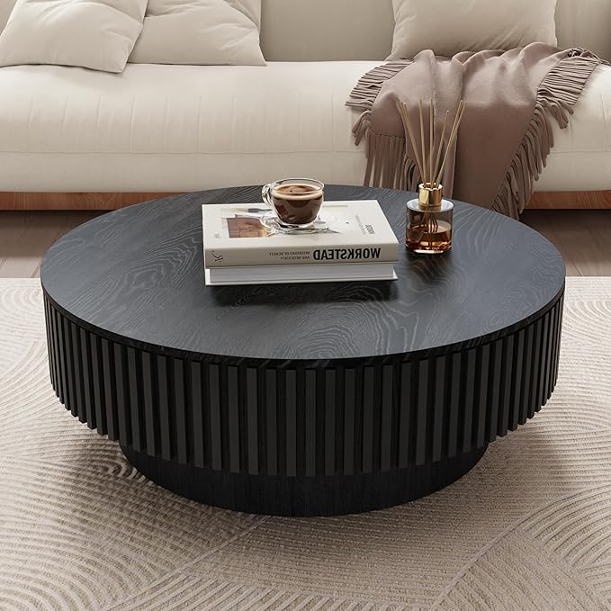 39.37'' Round Coffee Table with Storage, Modern Fluted Circle Coffee Table Unique Drum Low Center Tea Table with Solid Wood Veneered for Living Room Small Space, Mesas De Centro para Sala, Black