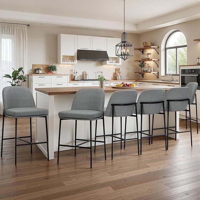 COLAMY Counter Height Bar Stools Set of 6, 25 Inch Modern Fabric Kitchen Island Stools with Back, Upholstered Counter Barstools Armless Bar Chairs with Metal Legs for Island Dining Room Bar,Dark Grey