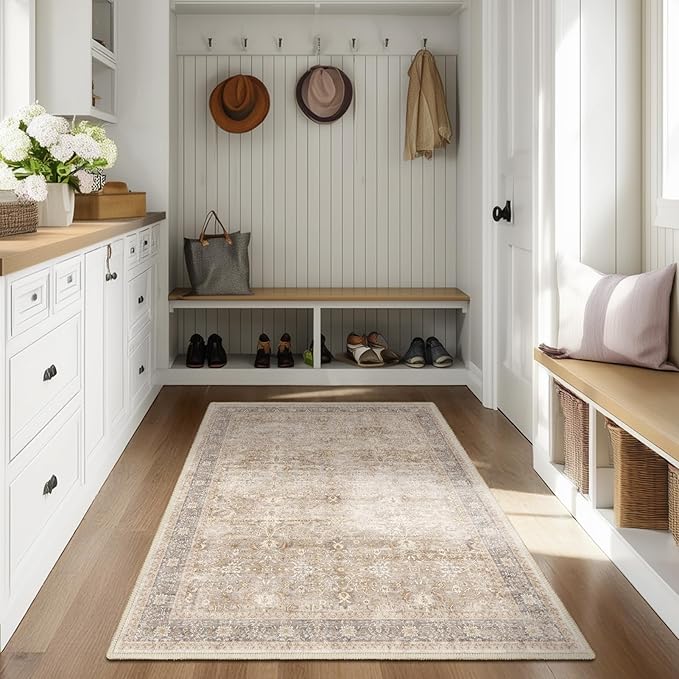 Small Area Rugs 3x4, Neutral Beige Throw Rugs for Kitchen Bathroom Bedroom, Washable Non Slip Ultra Thin Front Indoor Door Mats for Entrance Entryway Foyer, Vintage Farmhouse Earth Tone