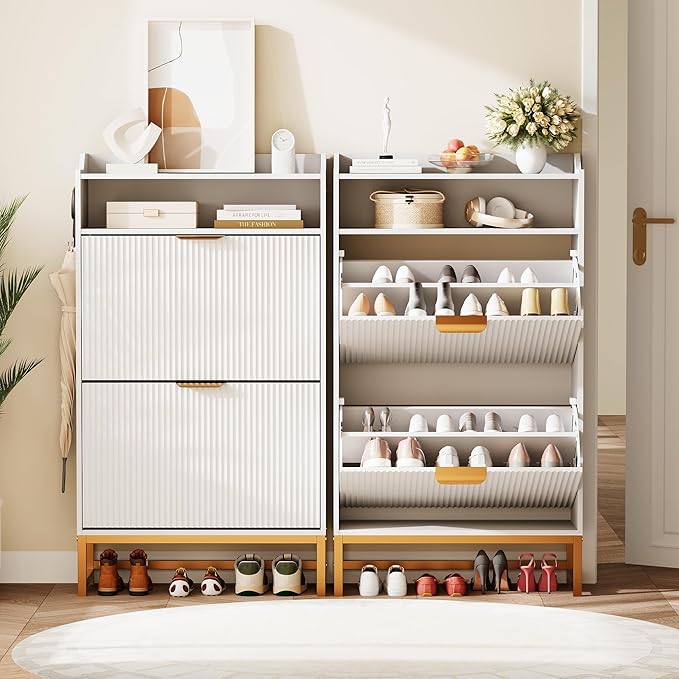 IDEALHOUSE Modern Shoe Cabinet with 2 Flip Drawers & Open Storage Shelf,Shoes Rack with Adjustable Levels,Gold Metal Handles&Fluted Panel for Entryways, Hallways, or Living Rooms(White Color)