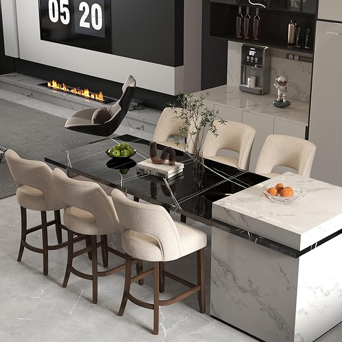 VKNOW Bar Stools Set of 2,Upholstered Counter Height Bar Stools,Modern Counter Stools with Wood Legs for Kitchen Island Dining Room Bar,White