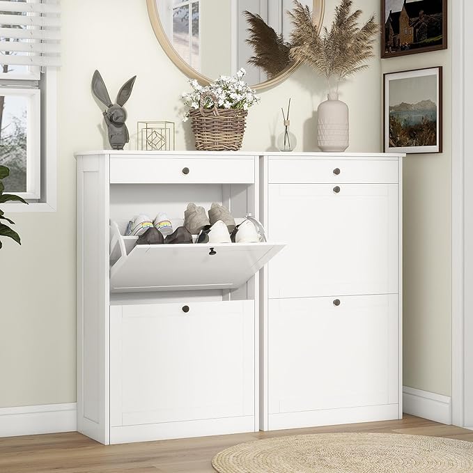 FTZxHKLX Shoe Cabinet with 2 Flip Drawers Set of 2, Small Wood Modern Shoe Organizer with Adjustable Shelf, Narrow Freestanding Hidden Shoe Cabinet Storage for Entryway, Hallway, Living Room, White