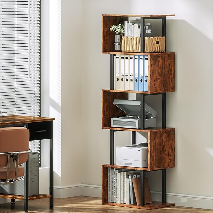 Furologee 6 Tier Bookshelf, Tall S Shaped Geometric Bookcase, Modern Display Shelf Standing Unit, Wood Metal Decorative Divider Rack for Living Room Bedroom Office, Rustic Brown | Tall, Bookcase, Display, Book Shelf, Decorative, Bookshelves
