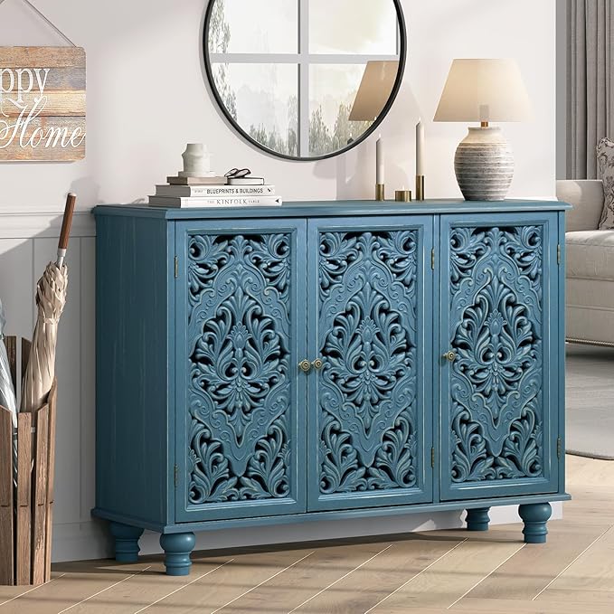 JOINICE Accent Cabinet with 3 Carved Doors, Distressed Blue Sideboard Buffet with Storage & Solid Wood Legs, 43" Vintage Console Table for Living Room, Entryway, Coffee Bar, Hallway