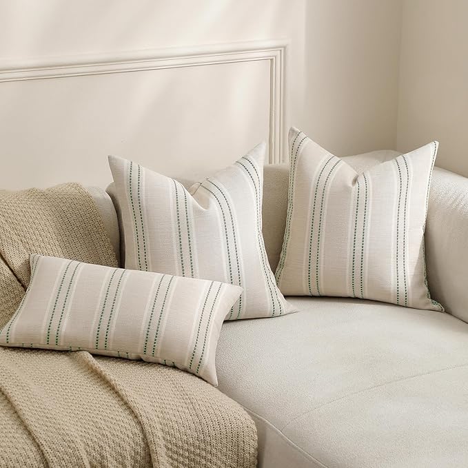 Hckot Spring Decorative Pillow Covers 18x18 Striped Throw Pillows Textured Linen Green Pillow Covers Farmhouse Decor Cushion Covers for Couch Bed Living Room,Sage Green