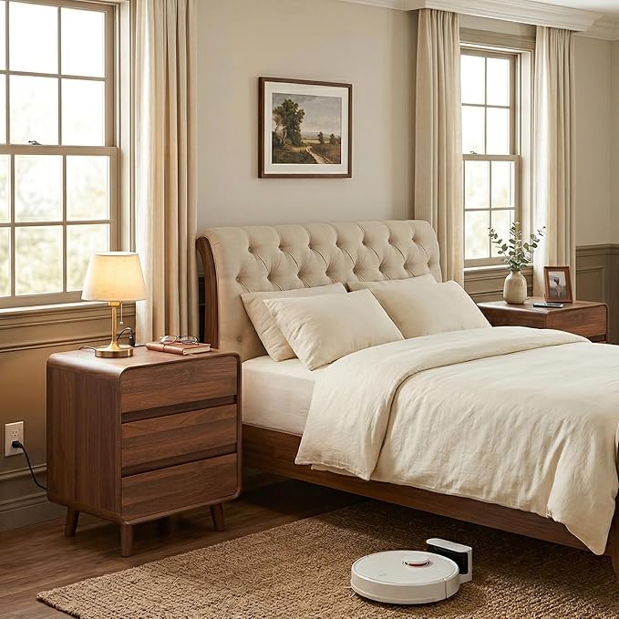 Nasonet 27.7'' Tall Night Stands Set 2 with Chaing Station, Mid-Century Modern Large Bedside Table with Outlets, Wide Wood End Table for Bedroom, Walnut