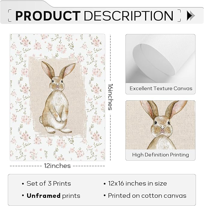 Vintage Nursery Wall Art Goose Canvas Poster Coquette Wall Decor Baby Girl Painting Kids Poster Bunny Rabbit Prints Cute Animal Pictures Duck Artwork for Bedroom Living Room 12x16x3 Inch Unframed