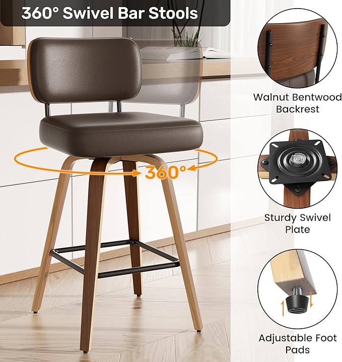 Swivel Bar Stools Set of 2, 26" Upholstered Faux Leather Counter Height Barstools with Walnut Back & Bentwood Legs, Mid Century Modern Bar Chairs Island Stools for Kitchen Counter, Coffee