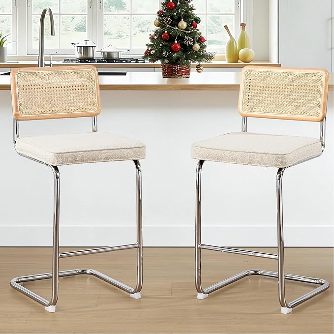 Zesthouse Natural Rattan Counter Stools Set of 2, 26" Modern Counter Height Barstools, Thick Linen Bar Stools with Solid Wood Back, Mid Century Cantilever Bar Chairs for Kitchen Island Beige Yellowish