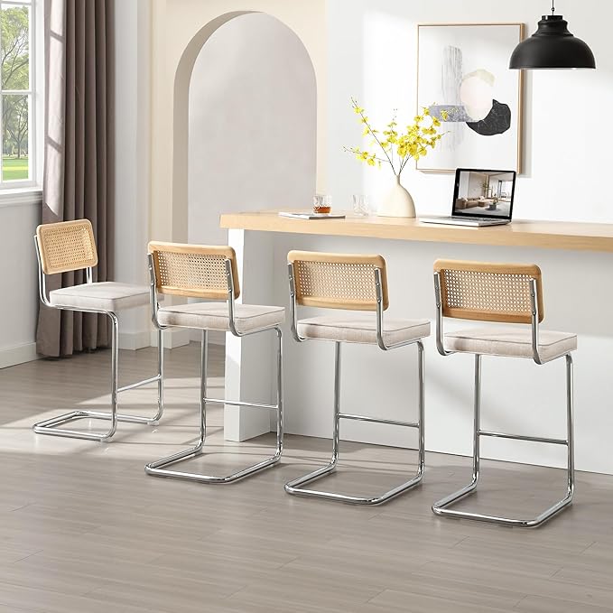 Zesthouse Natural Rattan Counter Stools Set of 2, 26'' Modern Counter Height Barstools, Thin Linen Bar Stools with Solid Wood Back, Mid Century Cantilever Bar Chairs for Kitchen Island, Beige Grayish