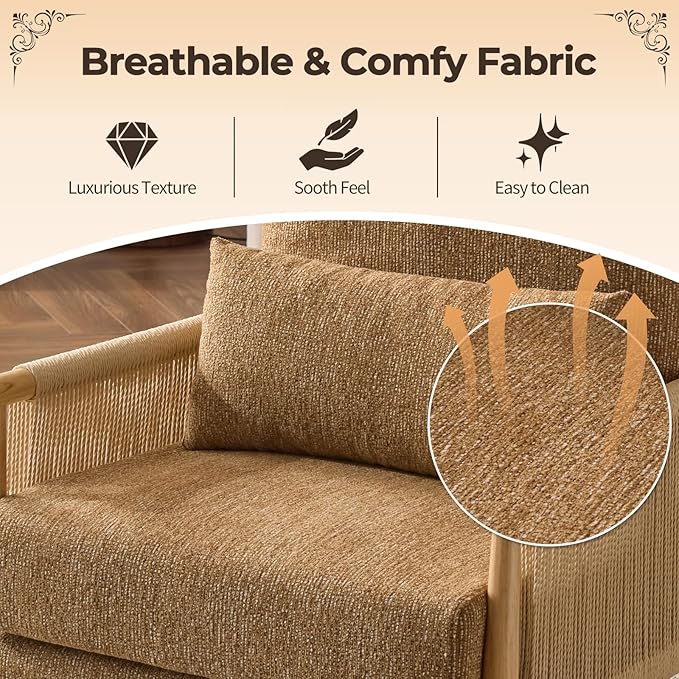 Karl home Cozy Chenille Accent Chair with Lumbar Pillow & Rattan Arms Modern Lounge Chair for Living Room, Bedroom, Reading Nook, Khaki