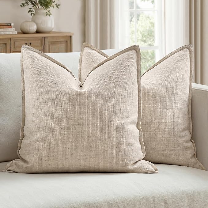 MIULEE Pack of 2 Thick Textured Couch Throw Pillow Covers, Natural Linen Decorative Pillow Covers 22x22, Neutral Cushion Cases for Sofa Bed Living Room Modern Farmhouse Home Decor, No Filling