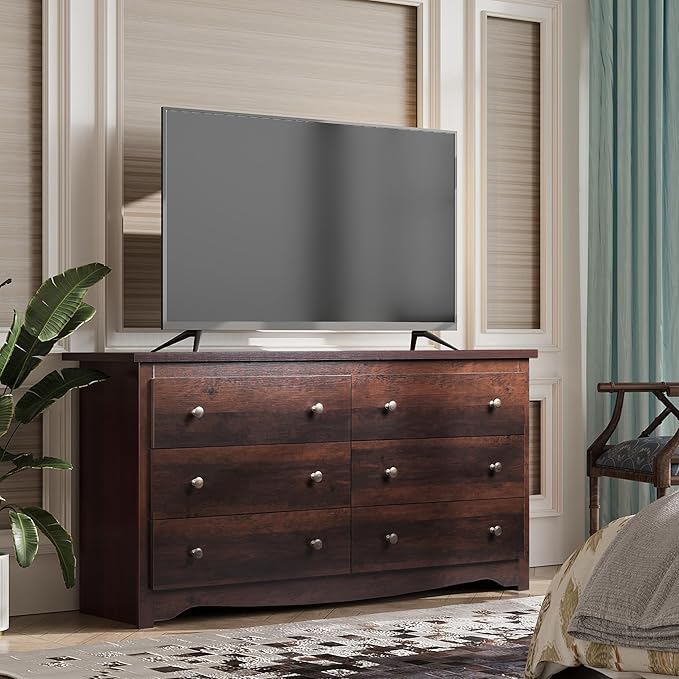 WLIVE Wooden Dresser for Bedroom, 6 Drawers Chest of Drawers, 59" Wide Modern Dresser Closet Storage Organizer for Living Room Hallway, Brown