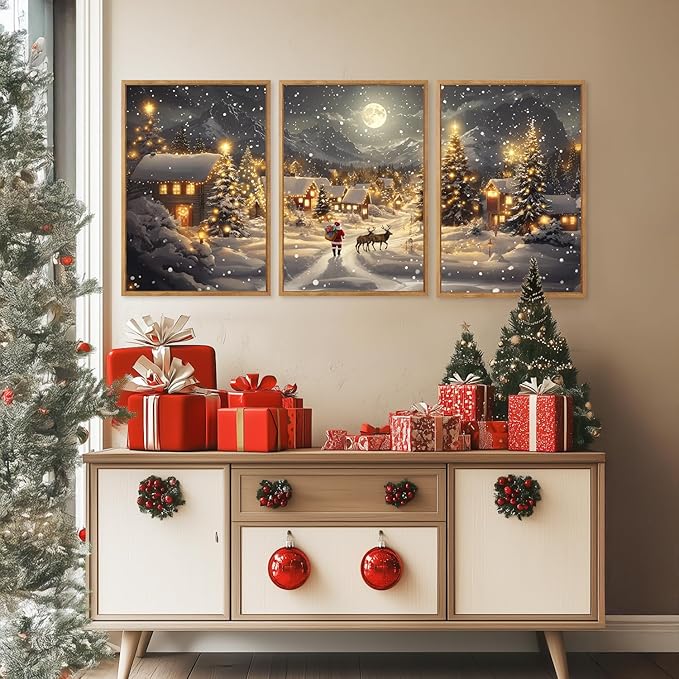 CHDITB Christmas Framed Canvas Wall Art Set, Happy Xmas Snowy Landscape Wall Decor, Holiday Winter Artwork, Santa Claus and Reindeer Painting, Vintage Xmas Art Prints for Living Room Bedroom 24"x36"x3