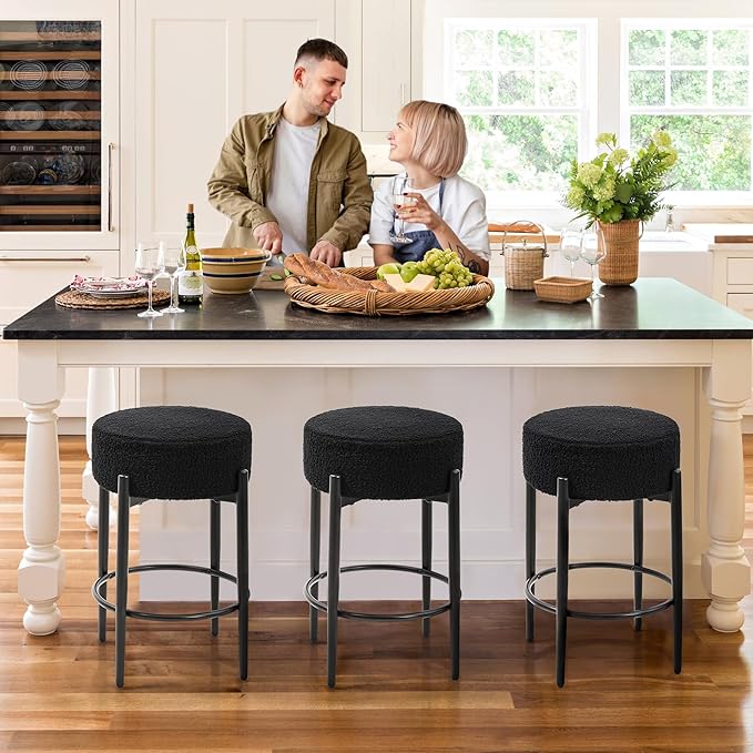 Murago Counter Height Bar Stools, Set of 2, 24" Modern Backless Bar Stools, Ideal for Kitchen Counter, Kitchen Island, Boucle Sherpa Padded Cover, with Round Soft Seat and Foot Rest, Black