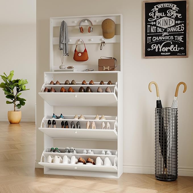HOPUBUY Tall Shoe Cabinet with 3 Flip Drawers, Farmhouse Hidden Shoe Storage Cabinet with Rack, Slim Narrow Freestanding Shoe Storage Organizer for Entryway, Hallway & Living Room, White