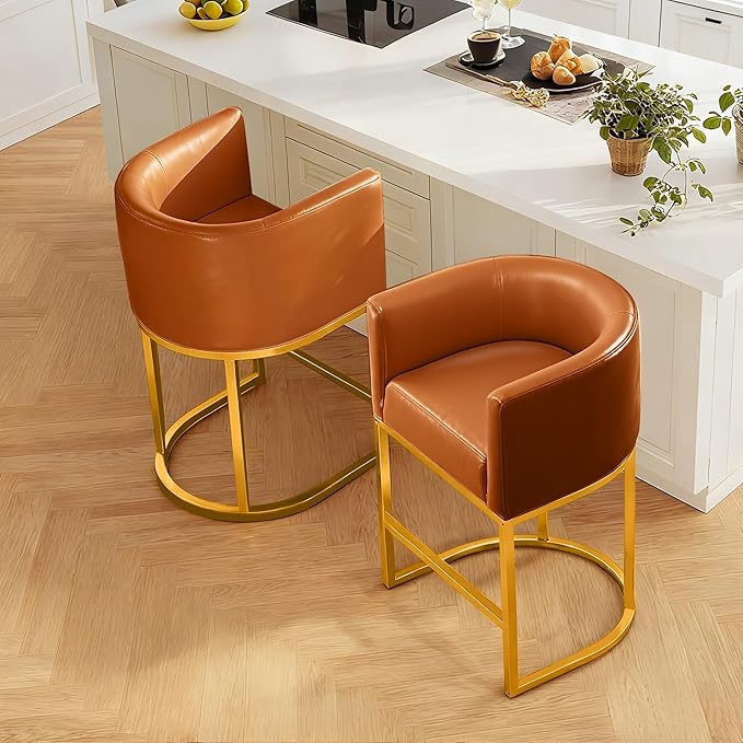 Modern Counter Height Bar Stools,Bar Stools Set of 4,PU Leather Upholstered Barrel Barstools with Backs,26'' Kitchen Island Chairs,Metal Gold Frames,Camel Brown Leather