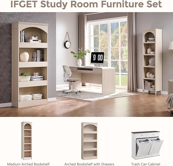 IFGET 76" Tall Arched Bookcase with 1PC Magnetic Lock Drawer, Modern Wooden Arch Bookshelf w/3 Pull-Out Drawers, Farmhouse 4 Tiers Book Shelf w/Open Shelves for Living Room, Office (Cream)