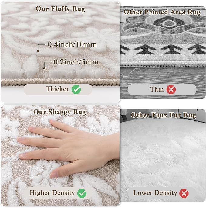 Vaukki 8x10 Area Rug for Living Room, Soft Fluffy Washable Modern Floral Indoor Floor Mat, Non Slip Shaggy Boho Accent Throw Carpet for Bedroom, Living Room, Nursery and Dining Room, Beige and White