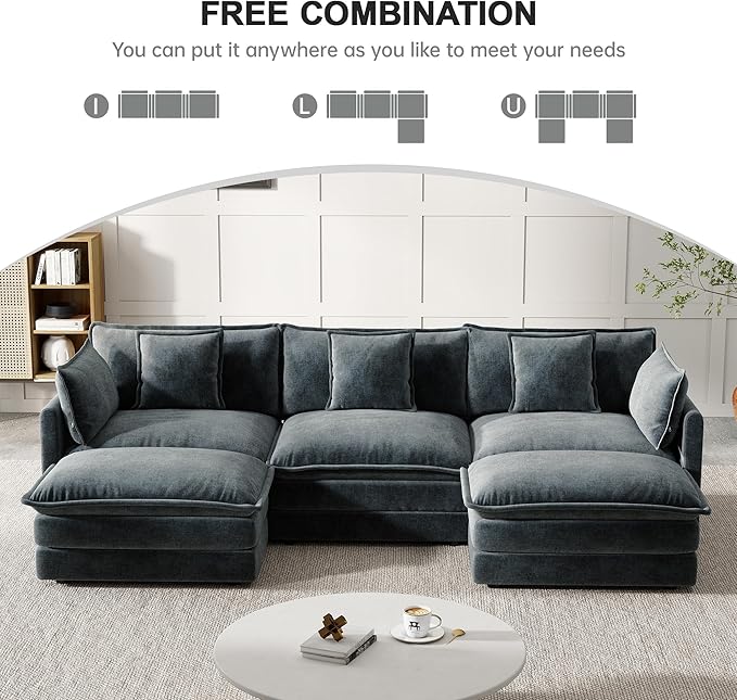 Modular Sectional Sofa, U-Shaped Cloud Sofa with Deep Seat, 111.5 Inch Chenille Sofa with Movable Ottoman, 3-Self Sectional Sofa for Living Room Apartment, Gray
