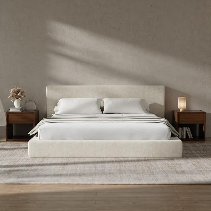 RECCI AirFrame King Size Bed Frame with Headboard, Cloud Upholstered Platform Bed Frame, 5 Inch Foam Cushioned, No Box Spring, Easy Assembly(Beige Chenille)