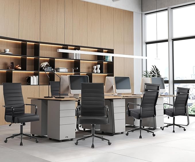 Office Desk Chair, Modern Leather Conference Room Chairs with High Back,Wheels and Arms, Ergonomic Executive Ribbed Height Adjustable Swivel Chair for Home Office (Black Frame)