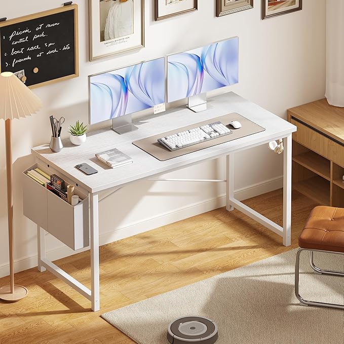 OLIXIS Computer Desk 55 Inch Home Office Desks for Small Spaces, Gaming Writing Study Work Table with Storage Bag and Headphone Hook for Bedroom, White