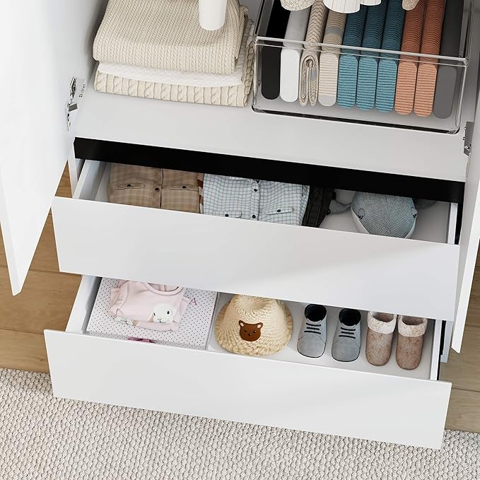White Wardrobe Closet with Doors: 75" Large Capacity Bedroom Armoire, Wooden Cabinet with 2 Drawers, Hanging Storage Shelves with Hanging Rod (Contemporary, 1)