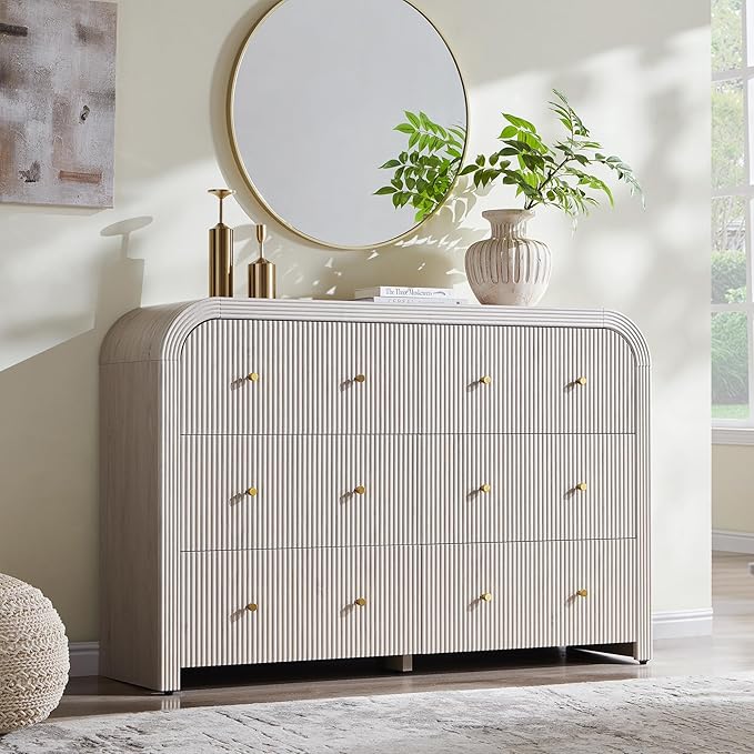T4TREAM Fluted 6 Drawers Dresser for Bedroom, 54" Wide Modern Chest of Drawers with Thickened Curved Profile Design, Wood Dressers TV Stand for Bedroom, Living Room, Hallway, Alder White