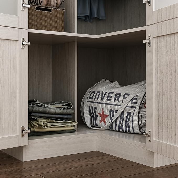 MOUMON 86.6" L-Shaped Corner Wardrobe with Frosted Glass Doors, Armoire Closet with Hanging Rod, Top Storage, Space-Saving, Light Oak 35.4”W x 35.4”D x 86.6”H